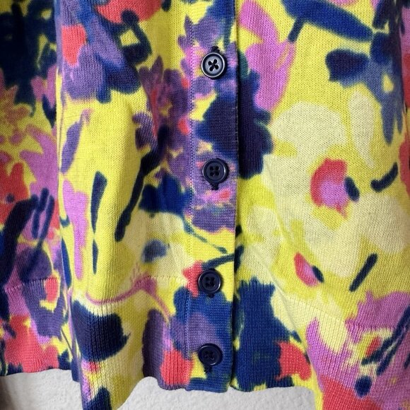 LOFT Womens Floral Cotton Sweater Cardigan V Neck Yellow Pink Petite Size LP - Picture 5 of 7